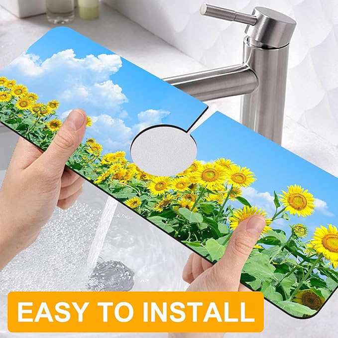 2 Pack Sunflower Field Sink Faucet Absorbing Mat Sunflowers Blooming Super Absorbent Fast Drying Mat Sink Gadgets Behind Faucet Sinkmat for Kitchen Bathroom, 15.5"x5.5"