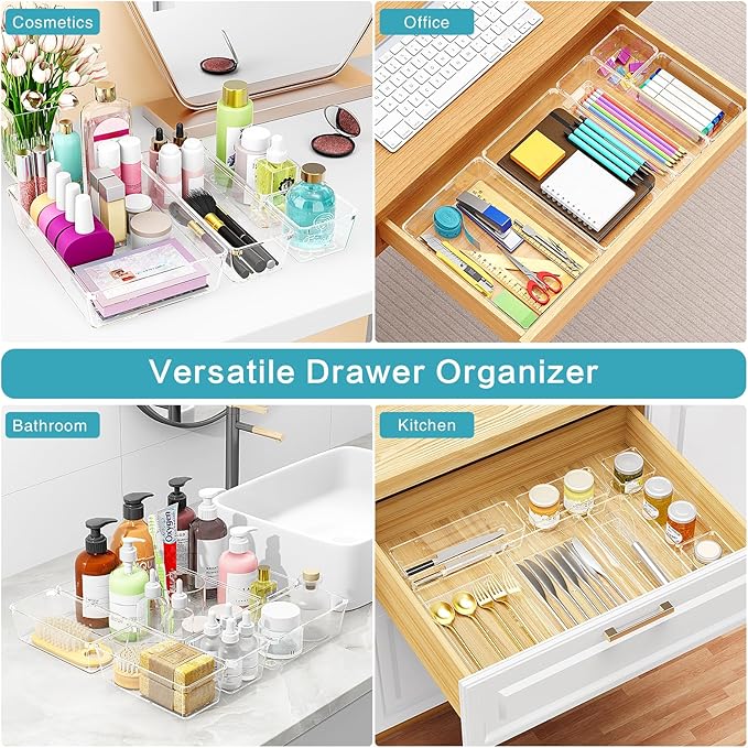Drawer Organizers Set of 12, 4 Sizes Clear Plastic Drawer Organizers and Storage Bins for Kitchen, Bathroom, Office, Dresser Desk Drawer Organizer Tray for Jewelry, Makeup, Junk, Gadgets