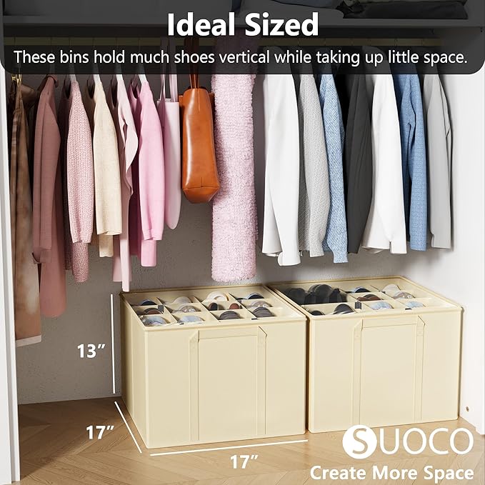 SUOCO 2 Pack Shoe Organizer for Closet, Fits up to 32 Pairs, Small Space Shoe Storage Boxes Bins Containers w/Adjustable Dividers and Clear Top, Black, Beige