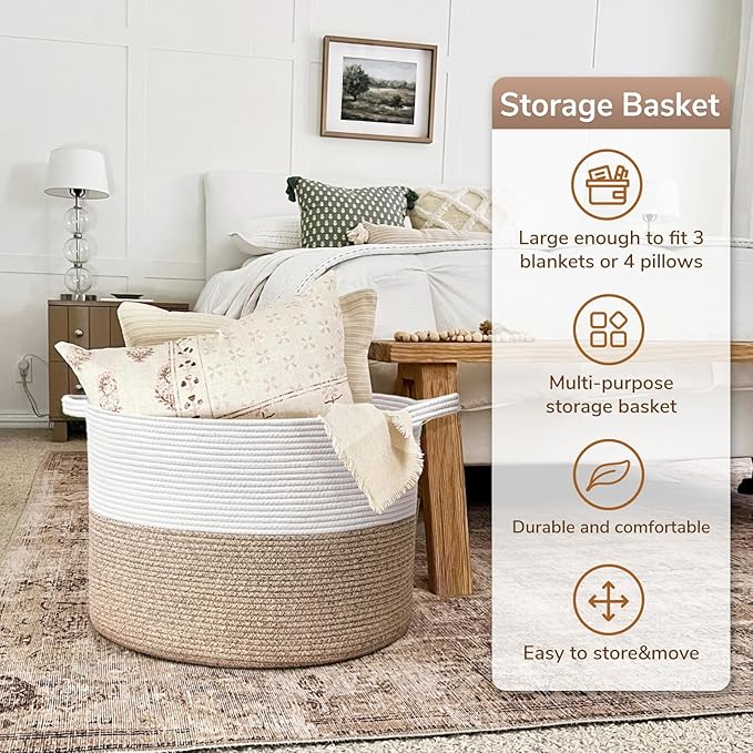 Goodpick Large Cotton Rope Basket, 83L Big Woven Storage, Blanket Organizers and Storage, Baby Nursery Laundry Basket, Extra Large Toy Bin for Storage, 21.7 x 13.8 inches