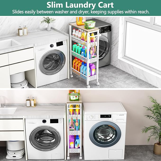Utility Slim Storage Cart, 4 Tier Small Rolling Kitchen Laundry Room Cart with Wood Top, Metal Bathroom Storage Cabinet Mobile Shelf Unit Organizer Trolley with Handle for Narrow Space