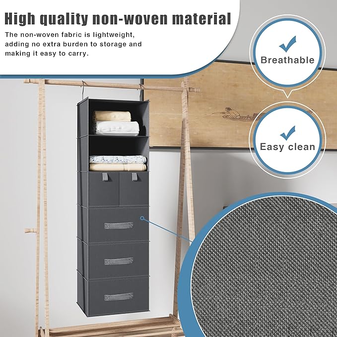 6-Shelves Hanging Closet Organizer with 5 Different Drawers, Foldable Organizers and Storage for Wardrobe, Closet& RV, Clothes and Accessories Storage, Non-Woven Fabric, Dark Gray
