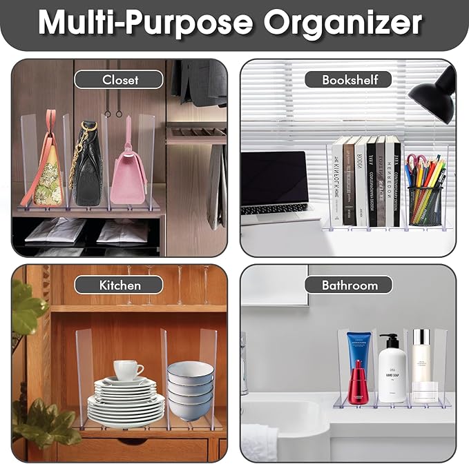 Purse Organizer for Closet, Clear Acrylic Clutch Bag Organizer, Adjustable Shelf Divider for Closet Organizers and Storage, Detachable Handbag Separators Dividers Rack for Bedroom Bathroom Office
