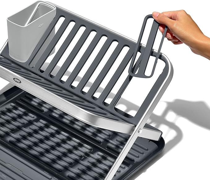 OXO Good Grips Aluminum Fold Flat Dish Drying Rack, 2-Tier, with Drainboard, for Kitchen Counter, Collapsible