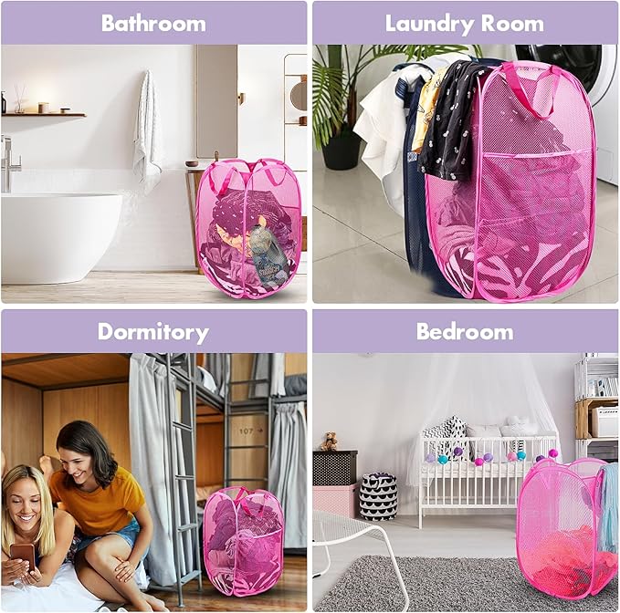 DUCOO Pop Up Hamper, 2 PCS Mesh Pop Up Laundry Hamper, Foldable Mesh Laundry Basket with Space Saving Design for Home, Dorm, Travel and Storage, Pink