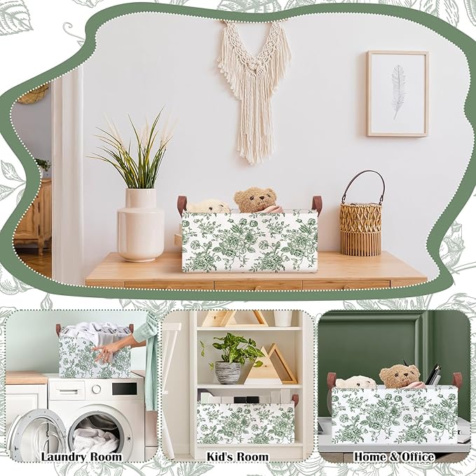 Boao 3 Pcs Sage Green Floral Storage Bin Collapsible Large Storage Baskets for Gifts Canvas Laundry Basket Foldable Box with Handle for Office Home Bedroom Clothes