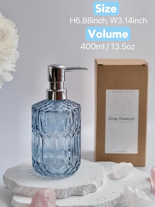Clear Glass Soap Dispenser with Silver Rust Proof Pump, Refillable Thick Glass Kitchen Soap Dispenser, Lotion Dispenser Bathroom for Hands Soap, Dish Soap, Body Wash (Blue