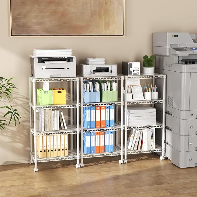 SINGAYE 4 Small Shelves Storage Shelf Wire Shelving Unit Metal Shelf Adjustable Organizers Storage Shelving with Wheels for Bathroom Laundry Room Kitchen Pantry11.5”D x 17.5”W x 30.5”H White