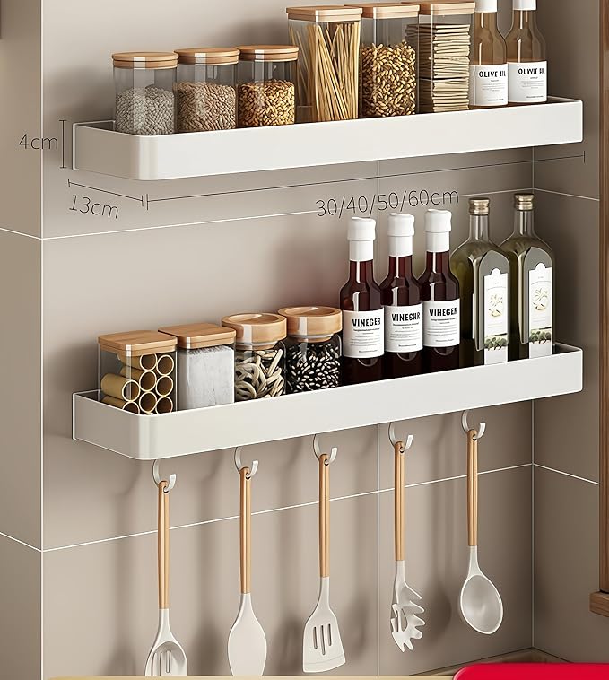 SEIDO Space-Saving Kitchen Utensil Holder | No-Drill Shelf Organizer | Wall Mount Spice Rack with Hooks | Space Aluminum | 24 Inch Long | White | 2-Piece Set
