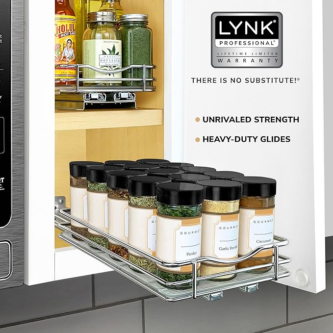 LYNK PROFESSIONAL® Pull Out Spice Rack Organizer for Inside Kitchen Cabinets - 6-3/8 inch Wide - Slide Out Drawer – Chrome Sliding Spice Organization for cabinet - Spice Racks - 1 Tier