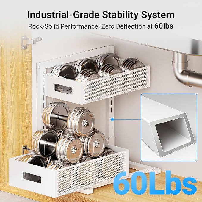 TISTAYA Pull-out Under Kitchen Sink Organizer, Metal Functional Under Sink Organizer, Height Adjustable Under Bathroom Sink Organizer, Under Sink Storage for Kitchen Bathroom Cabinet (White)