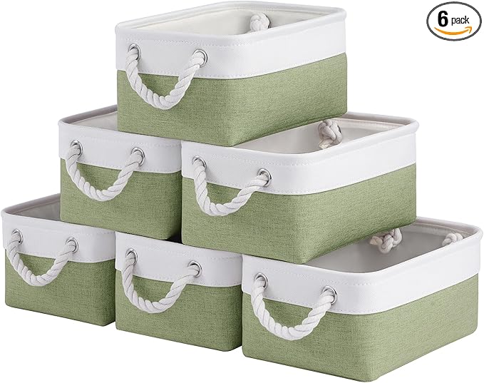 Storage Baskets for Shelves 11.8x7.9x5.2 Inch, Foldable Fabric Storage Bins with Handles, Small Storage Baskets for Organizing Closet, Office, Home Organization (6-Pack, White&Green)
