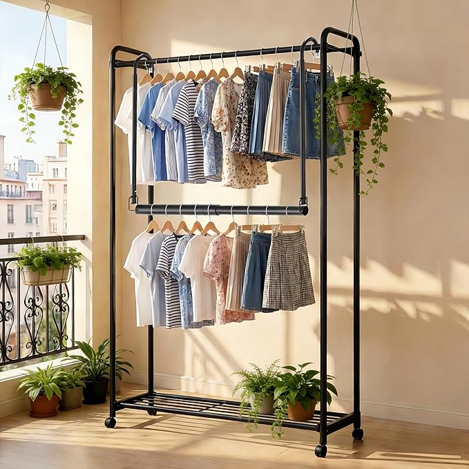 Stepless Extender Closet Hanging Rod - Heavy Duty Closet Rods for Hanging Clothes, Adjustable Width & Height, Space-Saving Matte Black Closet Organizer for Hanging & Drying, Easy to Install