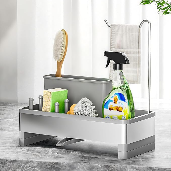 Ewaiira Stainless Steel Sink Caddy, Sponge Holder for Kitchen Sink with Brush Holder & Dishcloth Rack, Rustproof Sink Organizer Countertop, Kitchen Organizers Storage Essentials (F-Gray)
