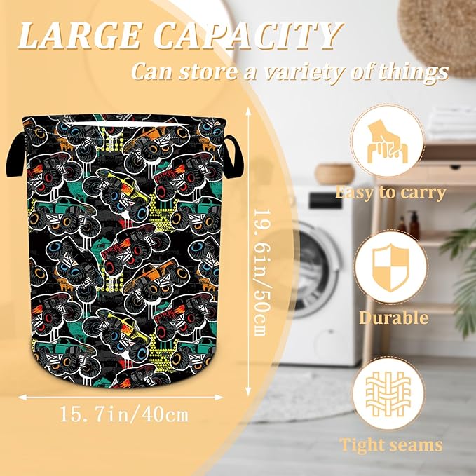 Car Lover Laundry Hamper, Monster Truck Cars Laundry Basket for Kids, Oxford Waterproof Foldable Clothes Storage Bin, Toy Organizer Basket for Bathroom/Household/College Dorms 15.7"x19.6"