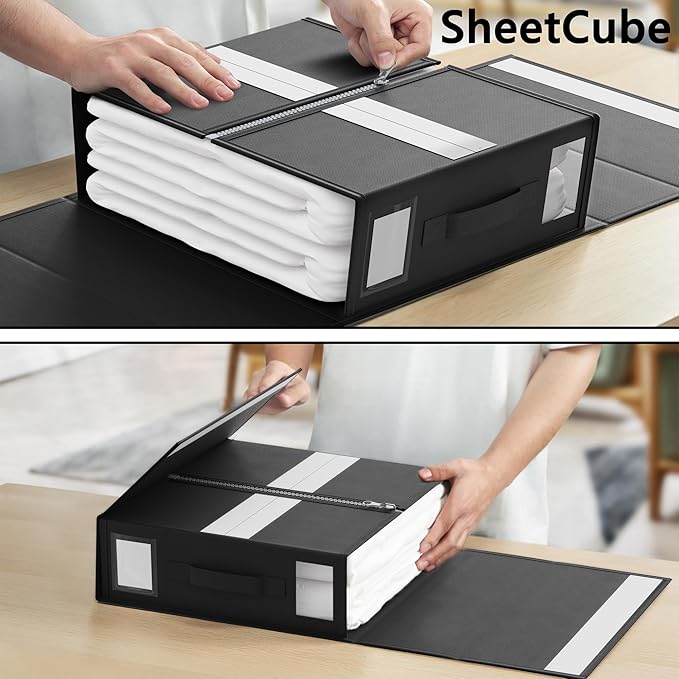 SheetCube Bed Sheet Organizers and Storage 6 Pack, Foldable Linen Closet Organizer with Window and Label, Bedding Folder Storage Box Container for Blanket, Duvet Cover Set, Bed Sheet Set - Black