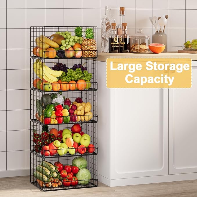 5 Pack Stackable Wire Baskets for Pantry Organizers and Storage, Large Pantry Baskets for Snack Organizer, Foldable Metal Storage Bins for Organizing Snack Can Fruit Vegetable & Toy
