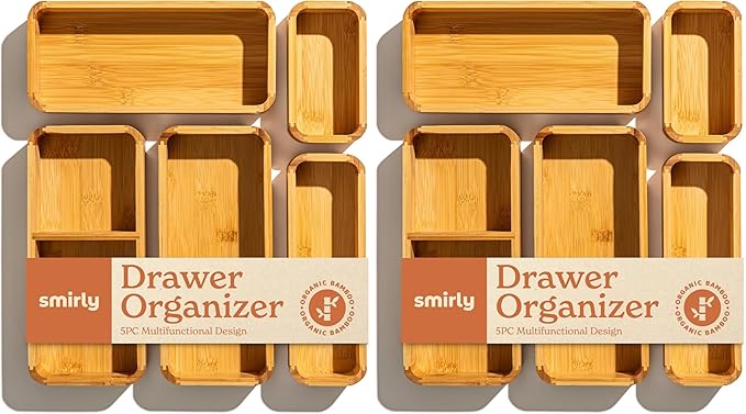 SMIRLY 5-Piece Bamboo Kitchen Drawer Organizer Set for Large and Small Utensils, Multi-use Storage Box - Bathroom, Nightstand, Jewelry, Cutlery, Knife, Spice, Towel, Junk Drawer Tray (Pack of 2)
