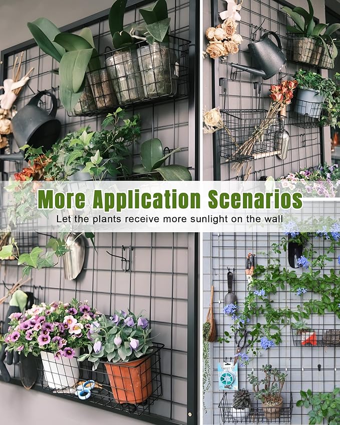 6 Pack Wire Baskets, Black Grid Wall Accessory, Wire Grid Panel Hanging Basket, Display and Storage Wall Basket for Kitchen, Home Decor, Potted Plants