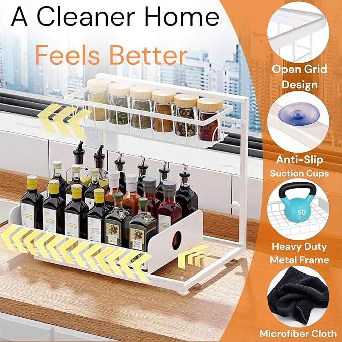 Under Sink Organizer, 1 Pack, 2 Tier Pull Out Sliding Shelf, Adjustable Height, Heavy Duty, Cabinet Organizer for Kitchen Bathroom, Tool-Free Install, White