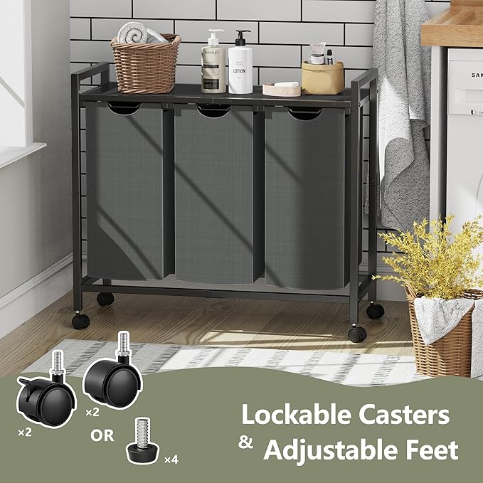 Laundry Hamper, Laundry Basket, Laundry Sorter with 2 Pull-Out and Removable Bags, Shelf, Laundry Room Storage with Table, for Bathroom, Bedroom, 3 x 10.5 Gal (40L), Grey