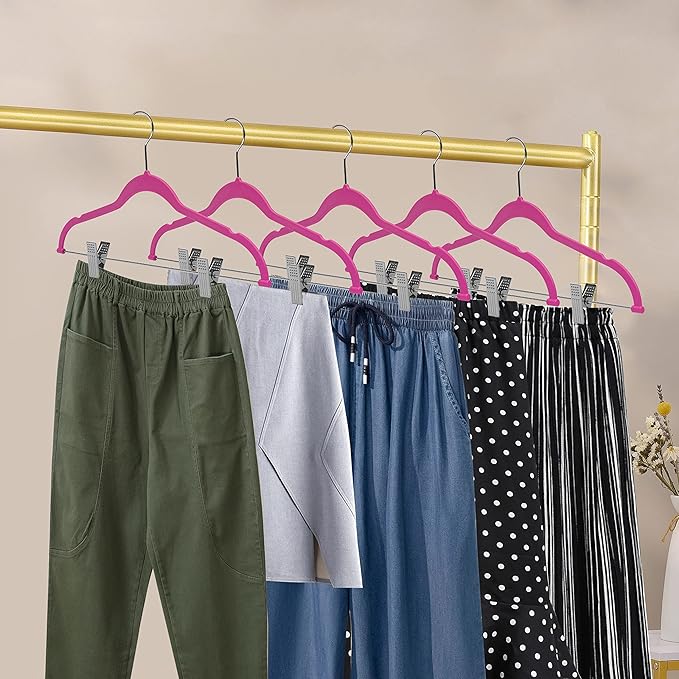 Quality Plastic 20-Pack Non Velvet Non-Flocked Thin Compact Skirt/Pant Hangers with Metal Clips for Skirts Pants Blouses Coats 360° Swivel Hook (Pink, 20)