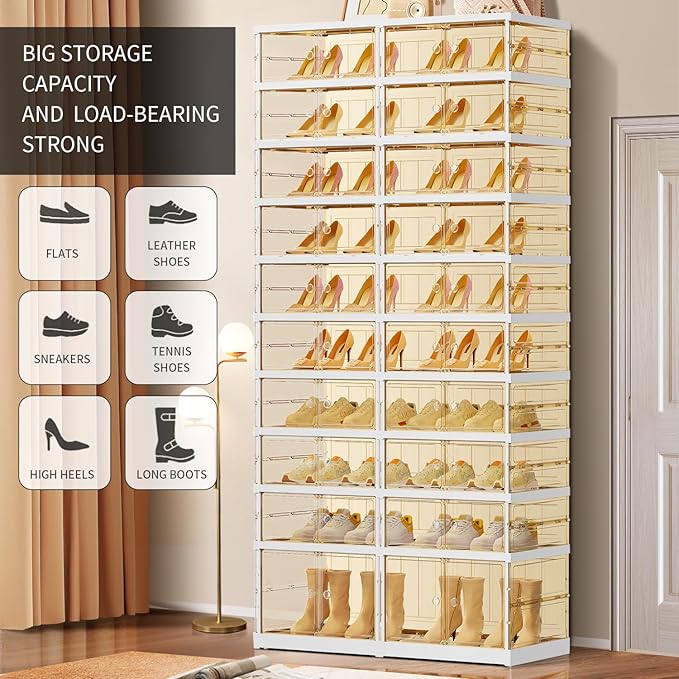EHAMILY 10 Tiers 20-40 Pairs Foldable Shoe Boxes Large Plastic Shoe Storage Rack Collapsible Shoe Organizer For Closet Tall Shoe Shelf Clear Stackable Shoes Cabinet with Doors Entryway