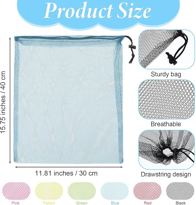 6 Pcs Mesh Bags Drawstring, Mesh Toy Storage Bags, Small Meshes Laundry Bag, Meshes Bag For Beach Toys for Pool Beach Ball Toys Storage for Collecting Travel Sports Gym(Multicolor)16 x 12 Inch