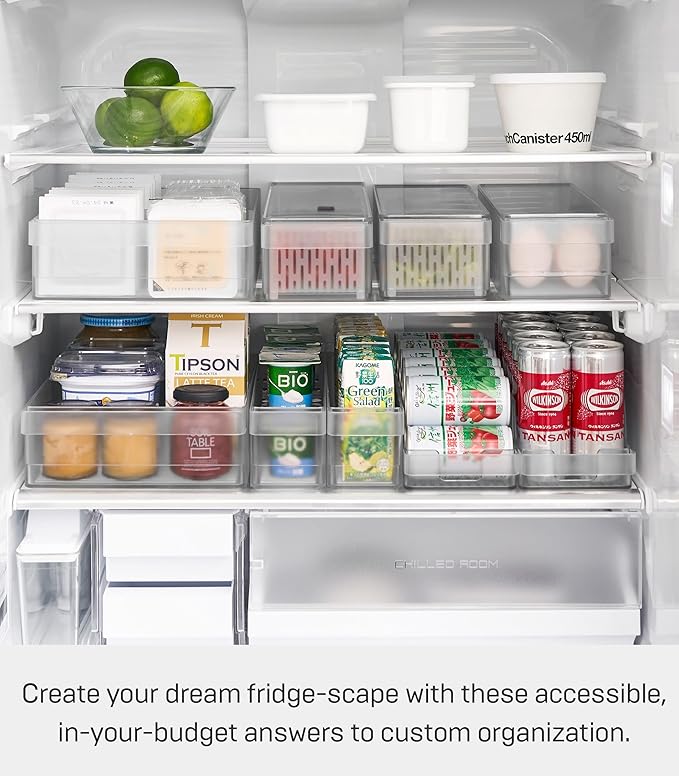 Yamazaki Home Tower Fridge Organizer Bin – Produce Washer & Storage With Adjustable Divider – Easy To Clean & Space-Saving Kitchen Solution - Plastic -