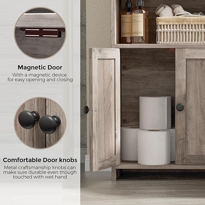 Homhedy Small Bathroom Storage Cabinet, Freestanding Toilet Paper Storage with 2 Doors and Shelves, Bathroom Organizers and Storage for Small Spaces, Laundry Room, 7.9" D x 14.6" W x 31" H, Greige