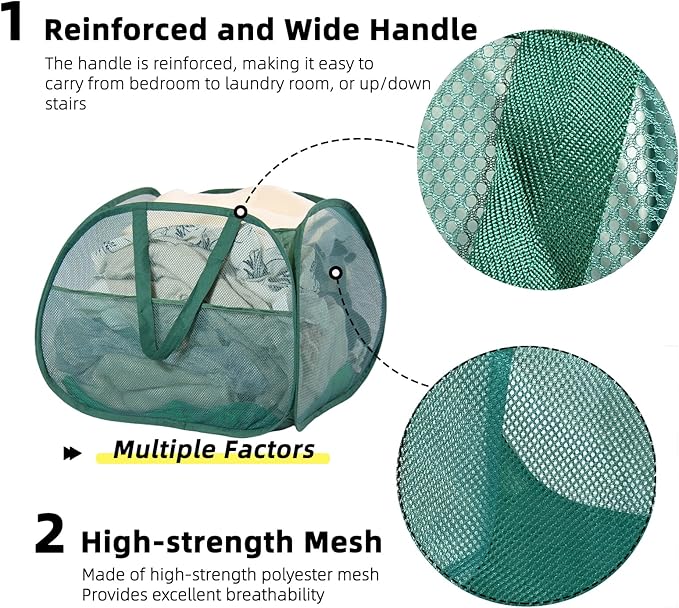 Collapsible Laundry Basket, 90L Foldable Pop-up Laundry Hamper with Handles, Square Mesh Dirty Clothes Hamper for Laundry, Bathroom, Kids Room, Dorm,Travel or Camping (Green)