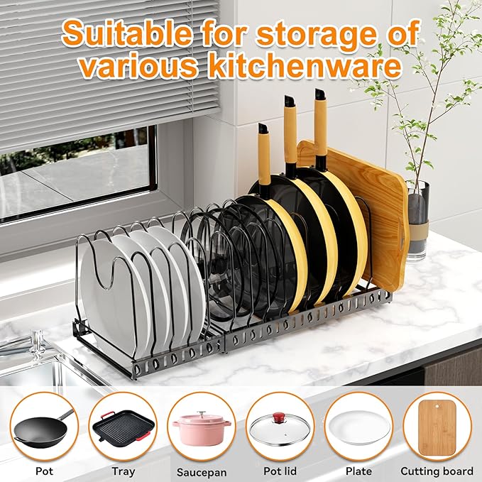 Pot and Pan Organizer Rack for Cabinet, Expandable Pot Lid Organizer Holder with 12 Adjustable Compartment for Kitchen Cutting Board, Pan Lid, Cabinet Cookware Baking