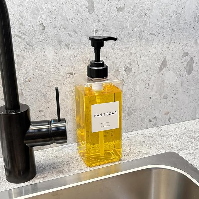 Clear Soap Dispenser with Waterproof Labels, Thickened Plastic Hand Soap Dispenser for Bathroom, Kitchen Dish Washing Liquid Bottles, Shampoo and Conditioner Bottles with Funnel (22oz 4Pack Clear)