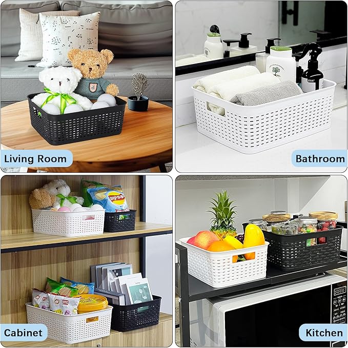 Plastic Storage Baskets for Cabinets, Household Pantry Organization with Handle,Organizer Bins for Room,Bathrooms,Under-Sink,Kitchen (White, S-3PACK)