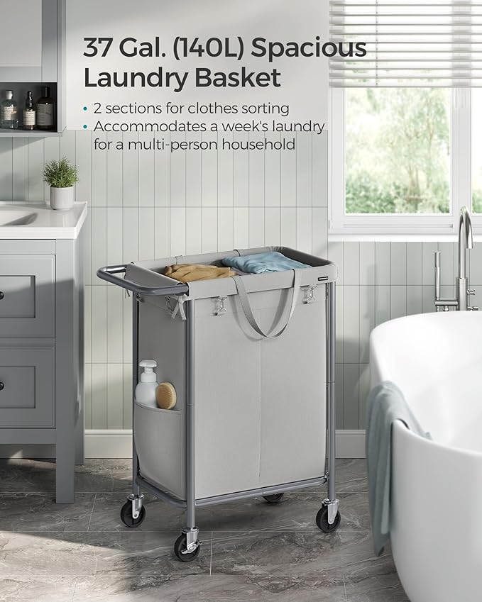 SONGMICS Laundry Basket with Wheels, Rolling Laundry Hamper, 23.8 Gallons (90 L), Removable Liner, Steel Frame with Handle, 24 x 11.4 x 31.9 Inches, Dove Gray URLS003G01