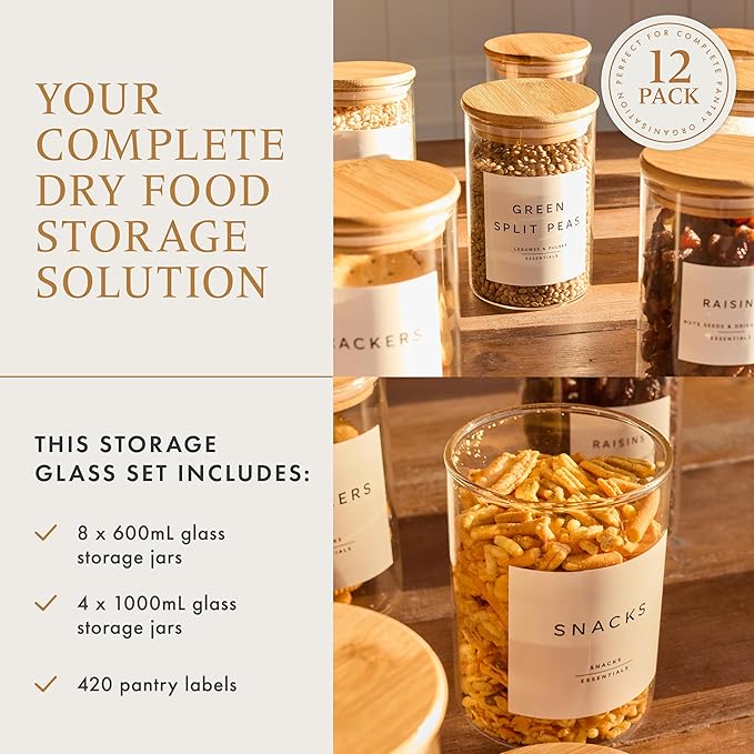 Livabl Glass Pantry Storage Containers with Lids- 420 Pantry Labels– Set of 12 (8 x 20oz& 4 x 34oz) Glass Canisters with bamboo lids-Perfect Pasta Storage Containers-AIrtight-Kitchen Canisters