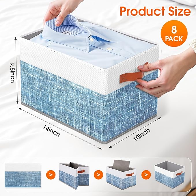 Fab totes Collapsible Storage Baskets for Shelves,14"x10", 8 Pack Foldable Fabric Storage Bins with Double Leather Handles, Large Baskets for Organizing Books, Clothes, White & Blue
