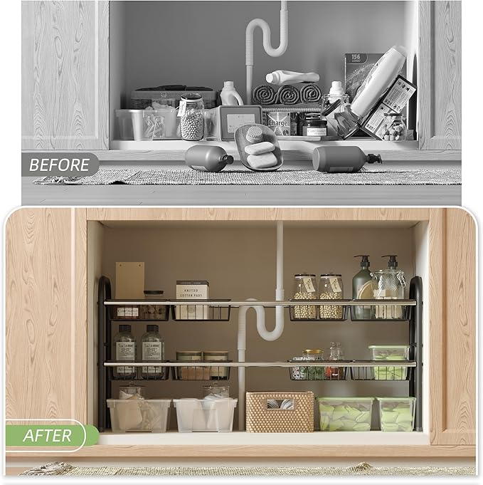 NETEL Under Sink Organizers and Storage, 2 Tier Expandable Under Cabinet Organizer Shelf with 8 Baskets, Expandable Shelf for Cupboard, Kitchen, Bathroom, Shoe Storage Rack
