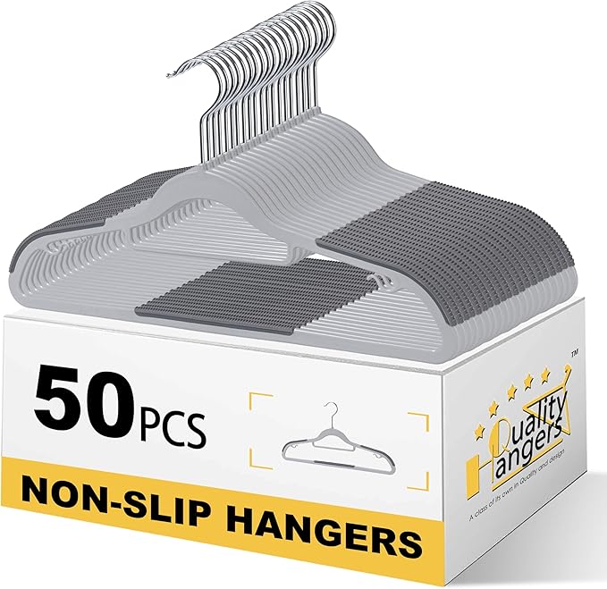 Quality Clothes Hangers 50 Pack - Non-Velvet Plastic Hangers for Clothes - Heavy Duty Coat Hanger Set - Space-Saving Closet Hangers with Gray Swivel Hooks - Functional Non-Flocked