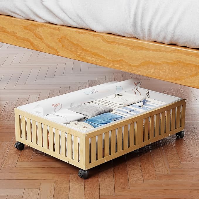 Bamboo Under Bed Storage Containers with Wheels, 40L UnderBed Drawers with Dust Bag, Breathable Under Bed Shoe Storage, Rolling UnderBed Clothes Storage, 1Pack
