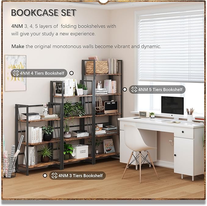 4NM No Assembly Folding Bookshelf, 5-Shelf 62.2" H Collapsible Foldable Bookcase Storage for Small Spaces, Rustic Brown and Black | 4NM, No-Assembly, Folding, Bookshelf, Storage Shelves, 5 Tiers
