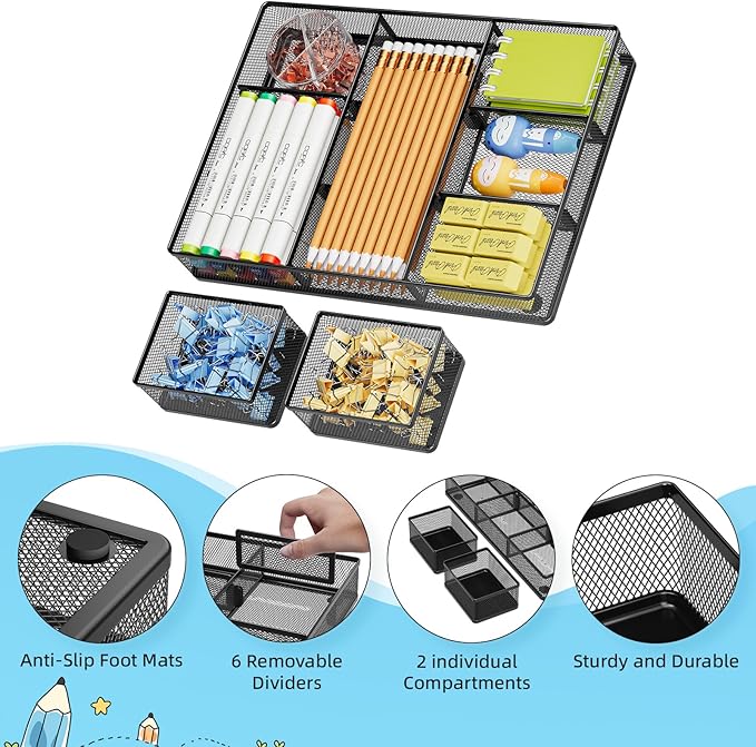 Marbrasse 3 Pack Desk Drawer Organizers with 9 Adjustable Compartments for Makeup, Office Supplies & Accessories (Black)