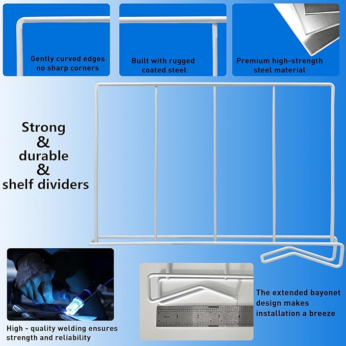 Wire Shelf dividers, Heavy Duty-Shelf dividers, [3.9"] Reinforced Wide BottomAnti &Tip Bottom Stability,Durable Coated Steel, Will not brea-Set of 8, White