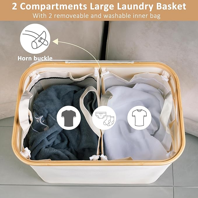 150L Laundry Basket with Lid, Large Laundry Hamper with Bamboo Handle, Collapsible Dirty Clothes Hamper Organizer with 2 Removable Inner Bags for Clothes Toys Towels - Beige