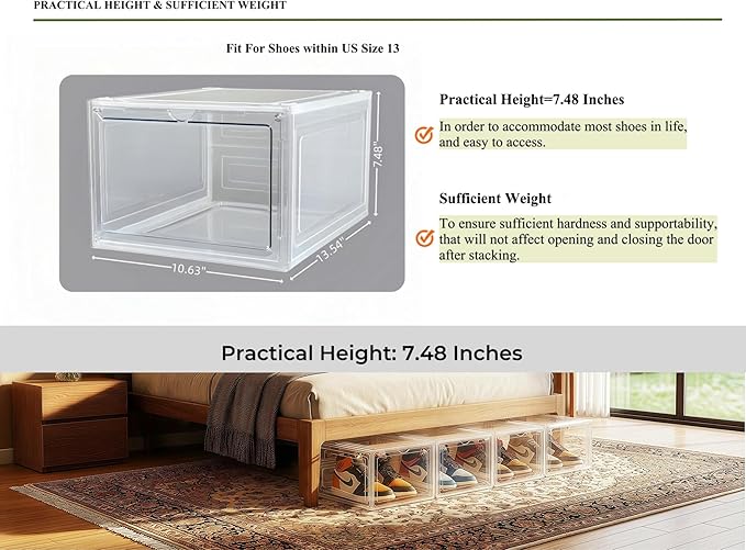 6 Pack Shoe Organizer for Closet, Shoe Storage Container with Lids, Shoe Box Clear Plastic Stackable, Thick Hard Polypropylene, Drop Front Door, US Size 13