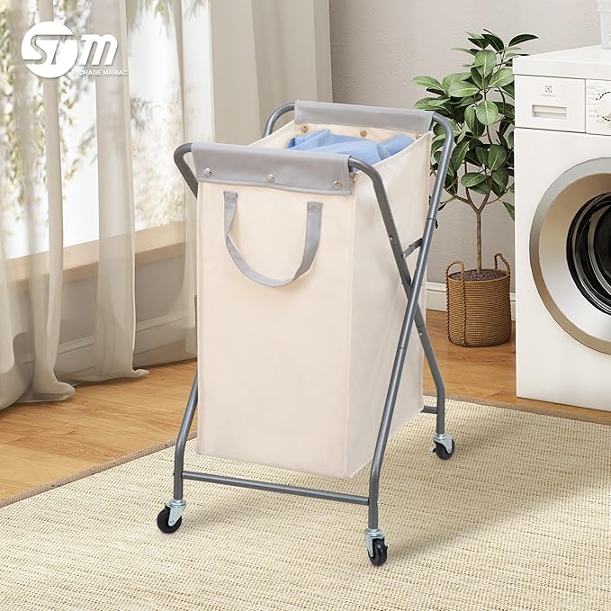STORAGE MANIAC Collapsible Laundry Hamper with Wheels, Rolling Laundry Basket, Heavy Duty Cloth Sorter with Removable Bag, Folding X Frame Clothes Organizer Cart for Easy to Store, 1 Section