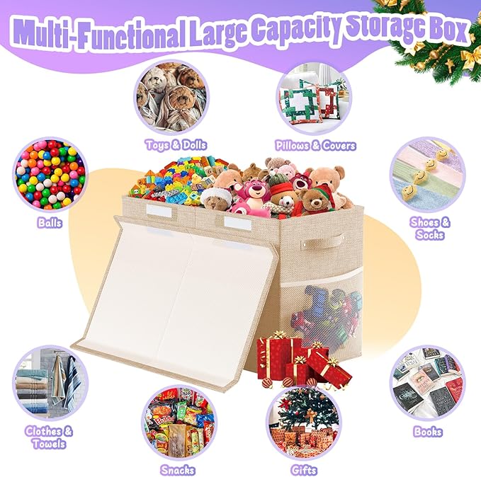 Large Toy Storage Box with Lid Divider, Sturdy Collapsible Toys Organizer Chest Kids Storage Bins Boxes Baskets for Boys, Girls, Nursery, Bedroom, Living Room, Playroom, 25"x13"x16", Beige