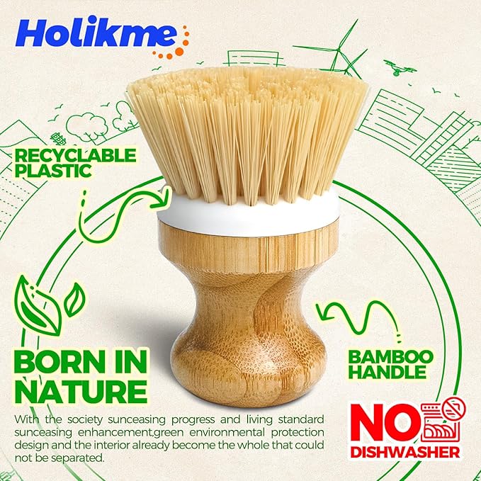 Holikme Bamboo Palm Brush Dish Brushes Vegetable Scrubber Round Natural Scrub Brush Cleaning Kit for Cleaning Saucepans, Pots, Pans and Vegetables, White Yellow Black