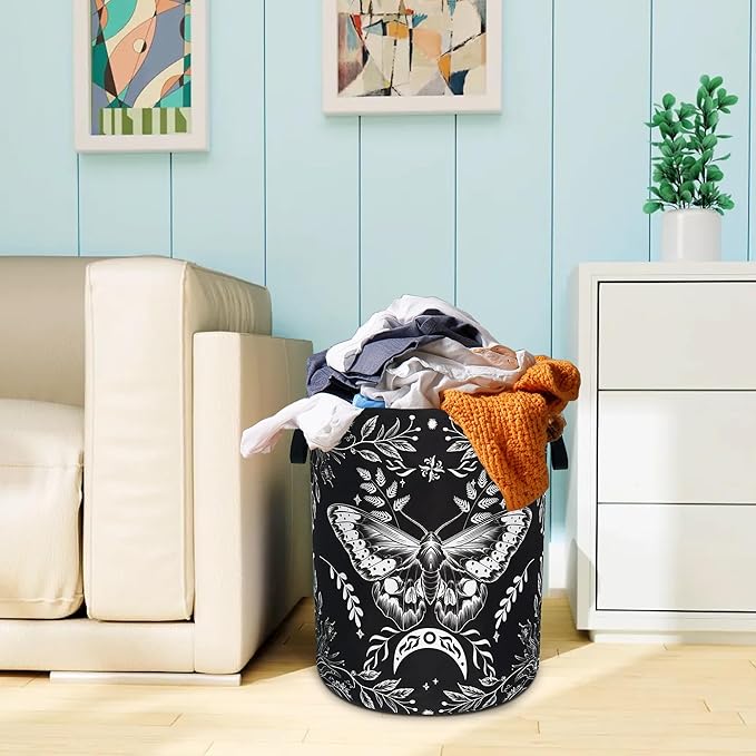 Moth Laundry Basket Oxford Cloth Funny Butterfly Laundry Hamper With Handle Foldable Portable Clothes Storage Basket 18.9 X 16.5 In Storage Bag For Laundry Room/Bathroom/Bedroom/Dormitories