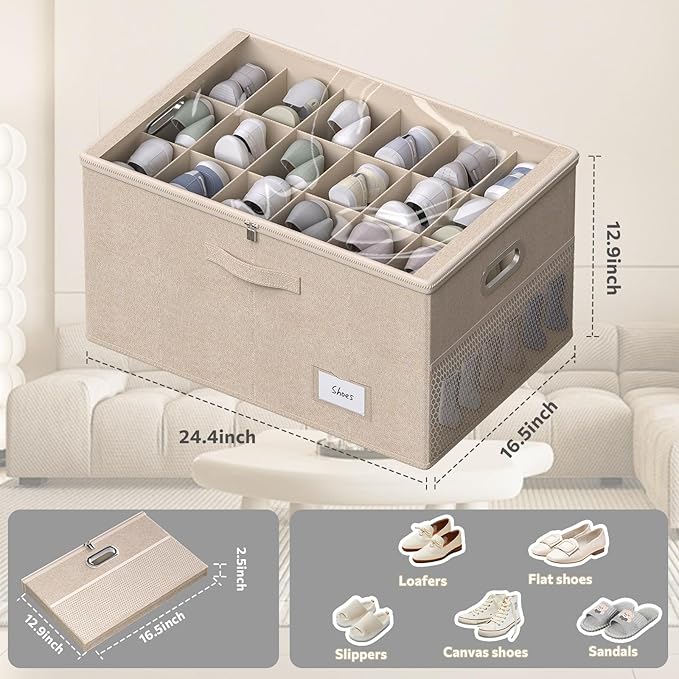 Shoe Organizer for Closet, Shoe Box Storage Containers Fit 18 Pairs Foldable Shoe Storage Bins with Clear Cover & Adjustable Dividers for Shoes Blankets Linen Clothing (Beige, (24.4*16.5*12.9)x1)